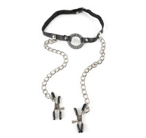 Кляп O-Ring Gag Nipple Clamps, соединенный цепочкой с клипсами для сосков 